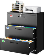 3 Drawer File Cabinet, Lateral Filing Cabinets for Home Office, Office Storage Drawers with Lock, Hanging Files Legal/Letter A4 Size (Assemble Required,Black)