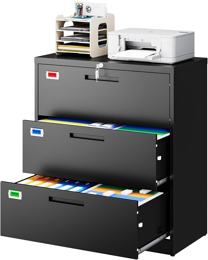 3 Drawer File Cabinet, Lateral Filing Cabinets for Home Office, Office Storage Drawers with Lock, Hanging Files Legal/Letter A4 Size (Assemble Required,Black)