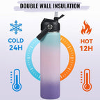 24oz Insulated Stainless Steel Water Bottle, Wide Mouth Double Wall Vacuum, Silicone Straw, Sweat & Leak Proof, BPA Free Insulated Water Flask for Travel, Keep Cold 24h Hot 12h, Pink