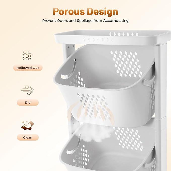Rolling Laundry Hamper Cart With Wheels, 3 Tier White Laundry Baskets Clothes Hamper With Portable Storage Baskets Stackable Laundry Basket System Laundry Rooms 17x13x43in