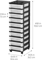 IRIS USA Plastic Drawer Storage Organizer Rolling Cart, 2-Pack, with Wheels Casters, 10-Drawers, for Classroom Art Craft Supplies Dresser Closet Bathroom Laundry Room, Black/Pearl
