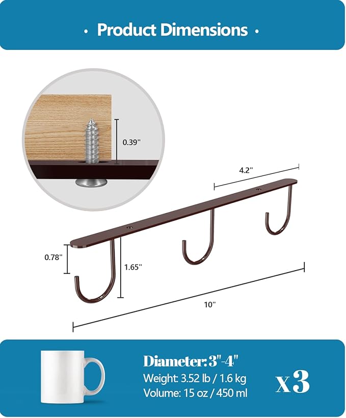 3 Pack Mug Hooks Under Cabinet, Coffee Mug Holder for Hanging Under Shelf, Cup Hanger with 9 Hooks for Displaying Mugs, Coffee Cups and Kitchen Utensils, Brown