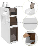 Slim Waterproof Narrow Bathroom Cabinet with Trash Bin Compact Design with Drawers and Toilet Paper Holder Movable Bathroom Organizers for Small Spaces (3Tier/25.2in H)