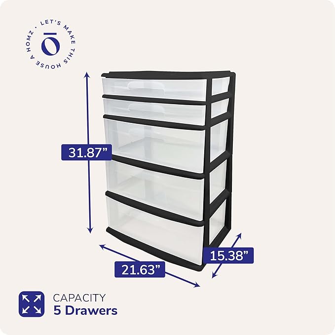 HOMZ Drawer Tower, 5-Tier Extra-Wide Clear Plastic Storage Organizer Cart, Black Frame - Stackable Container Boxes for Bedroom, Bathroom, Garage, and Office Organization