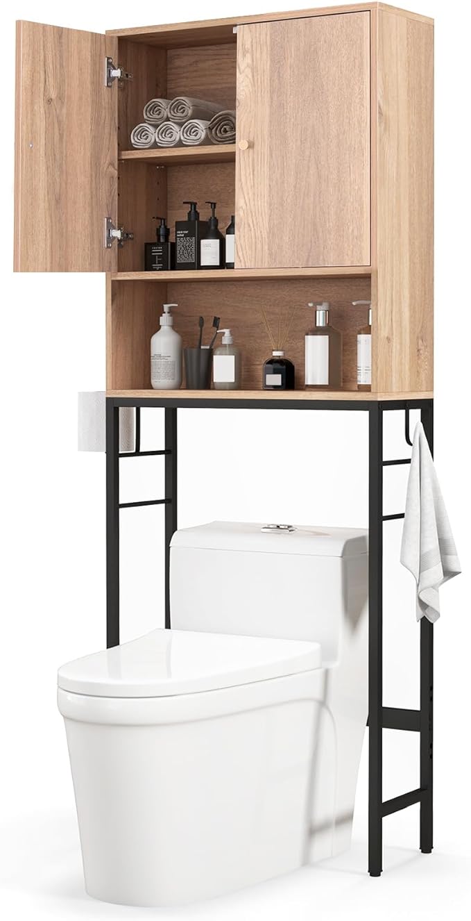 Tangkula Over The Toilet Storage Cabinet, Bathroom Space Saver Organizer with 2 Doors, Metal Stand, 2 Side Hooks, Freestanding Above Toilet Storage Cabinet for Restroom Laundry (Natural)