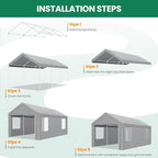 COBIZI 10x20 FT Heavy Duty Carport with Galvanized Frame, Carport Canopy with Roll-up Windows, Storage Tent with Removable Sidewalls & Doors, Built-in Sandbags for Car Boat Truck, Gray