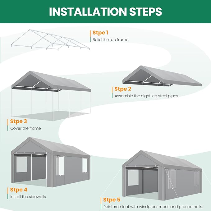 COBIZI 10x20 FT Heavy Duty Carport with Galvanized Frame, Carport Canopy with Roll-up Windows, Storage Tent with Removable Sidewalls & Doors, Built-in Sandbags for Car Boat Truck, Gray