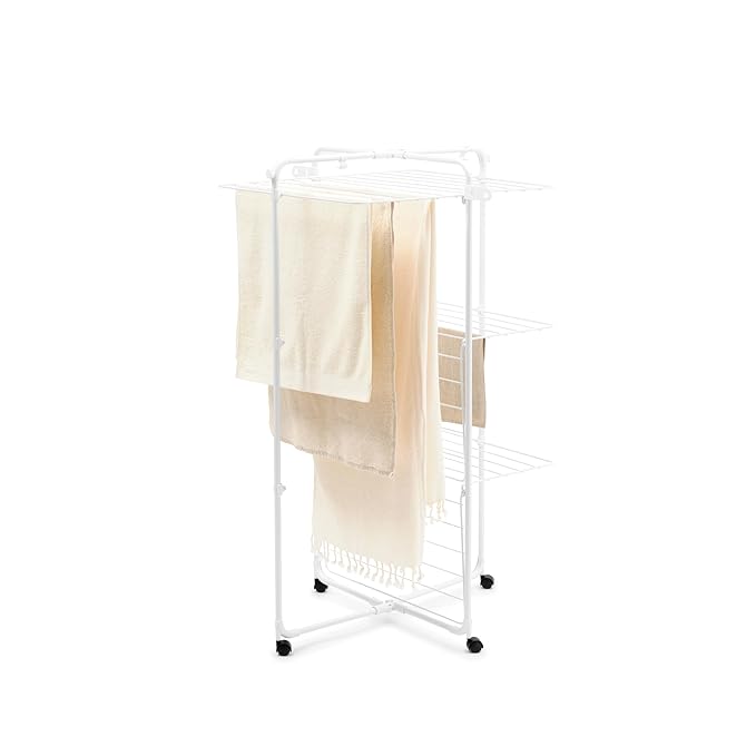 Brabantia HangOn Tower Clothes Drying Rack with Wheels | 76ft (23m) | White | Tall 3-Tier Indoor Clothes Airer with Adjustable Shelves for Towels, Folds Flat to Save Space | Fits 2+ Full Loads