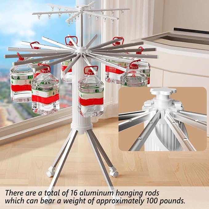 Clothes Drying Rack Foldable Outdoor Indoor,Drying Rack Clothing Collapsible,Folding Drying Dack Clothing,2 Tier Aluminum Foldable Laundry Drying Rack,24 Hooks 16 Hanging Bars