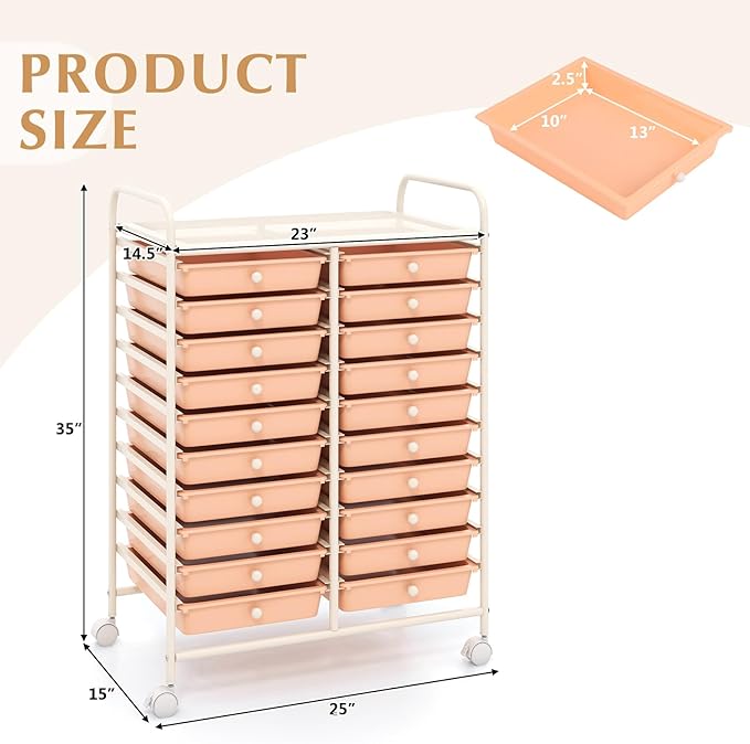 GOFLAME 20-Drawer Rolling Storage Cart, Multifunctional Art Craft Organizer Cart, Mobile Utility Storage Cart with Removable Drawers & Lockable Wheels, Craft Cart for Home Office, Peach Fuzz
