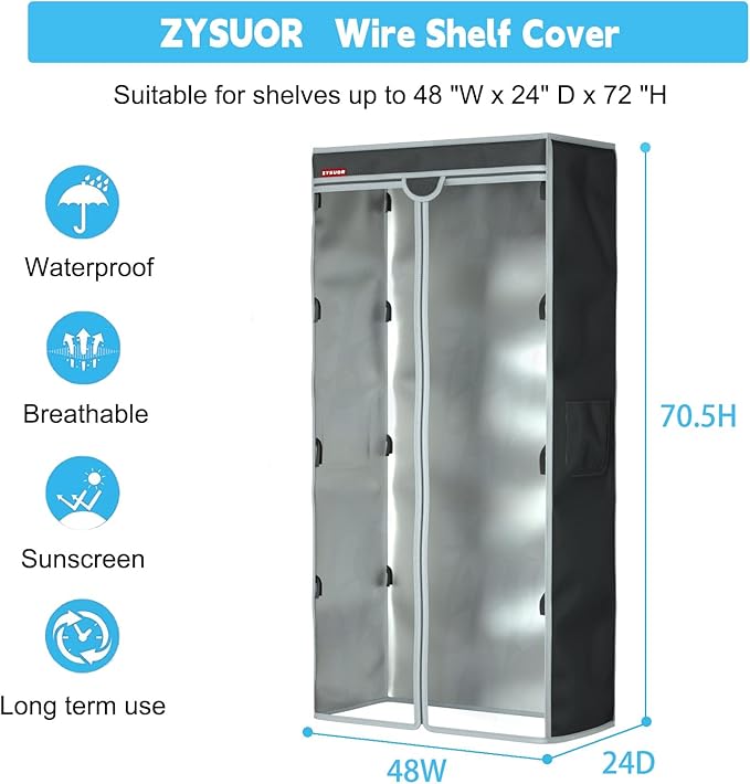 Shelf Cover for Wire Shelving Unit, Dustproof Waterproof UV Resistant Storage Protector with Transparent Front Panel, Fits 48" L x 24" D x 72" H (Cover Only)