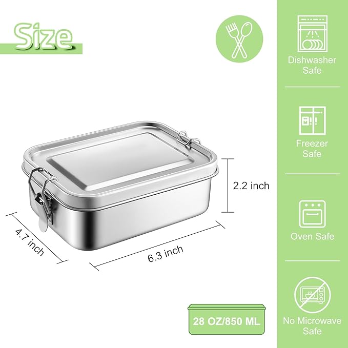 TeamFar Stainless Steel Bento Box, 28oz/850ML Small Metal Bento Lunch Box Container for Adults/Kids, for Home/School/Office/Travel, With 2 Removable Dividers, Leak-Proof & Dishwasher Safe