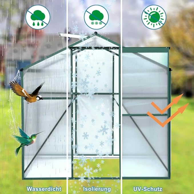 Outdoor Polycarbonate Greenhouse with Aluminum Frame, Walk-in Garden Green House Featuring Lockable Door, Adjustable Roof Vent, and UV-Protected Panels for Backyard or Patio Use (6x8 FT-1)