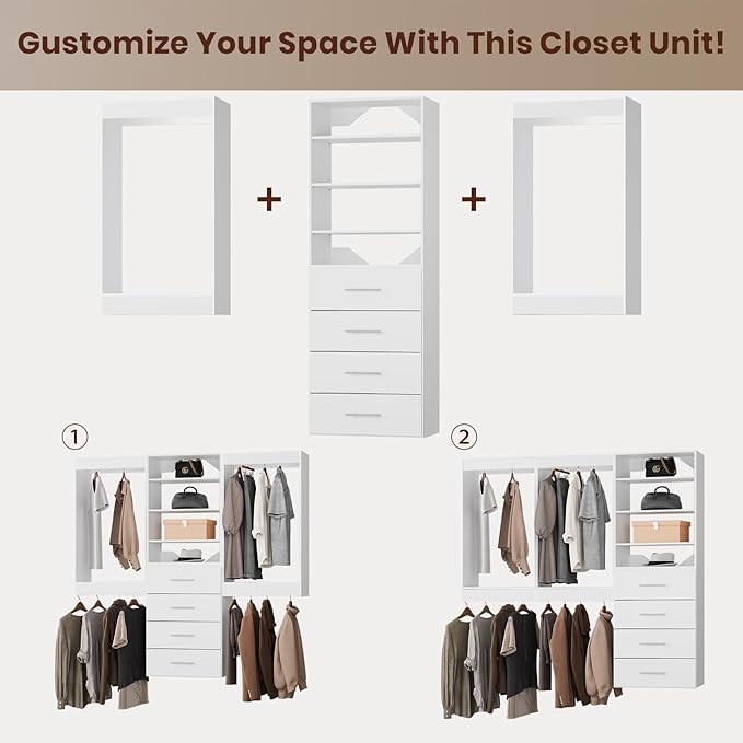 ROOMTEC Modular Closet System, 78" Wall-Mounted Closet Organizer with Drawers and Hanging Rods, Wooden Tower for Walk-In Closets, Wardrobe Storage Kit, White
