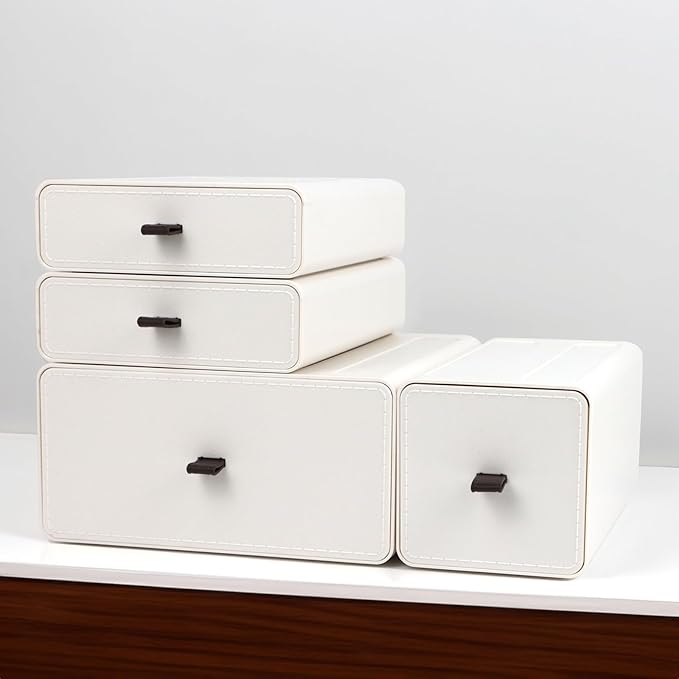 White Desk Organizer with Drawers, Dresser Desktop Makeup Nightstand Organizer, Storage Drawer for Small Spaces Pens Stationary Cosmetic Junk, Office Supplies and Accessories (4-Drawer)