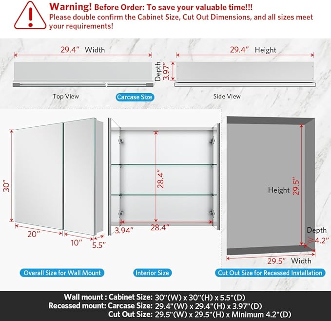 Quavikey Medicine Cabinet for Bathroom with Mirror 2 Doors Aluminum Surface Mount or Recessed Mirror Medicine Cabinet 30x30 Inch, Silver