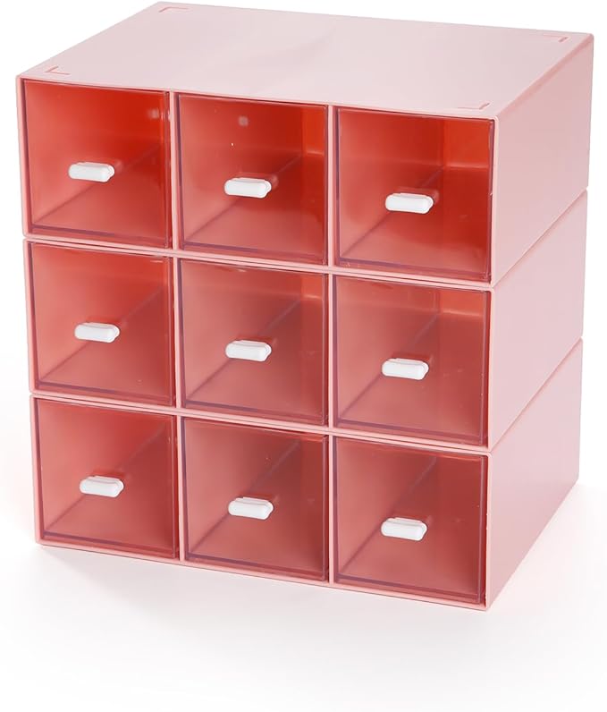 Desktop Drawers, Desk Organizer with 9 Drawers, Stackable Plastic Storage Box for Home Collection, Cosmetics, Jewelry, Office Supplies (3 Tiers, Pink)
