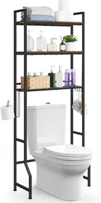 smusei Over The Toilet Storage Shelf, 3 Tier Bathroom Organizer Over The Toilet with Hooks and Toilet Paper Holder Freestanding Wooden Above Toilet Storage Cabinet Rack, Rustic Brown
