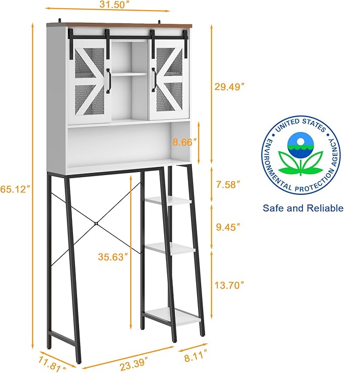 Vabches Over The Toilet Storage Cabinet, Farmhouse Storage Cabinet Over Toilet with Sliding Barn Door，Home Space-Saving Toilet Rack, for Bathroom, Restroom, Laundry White