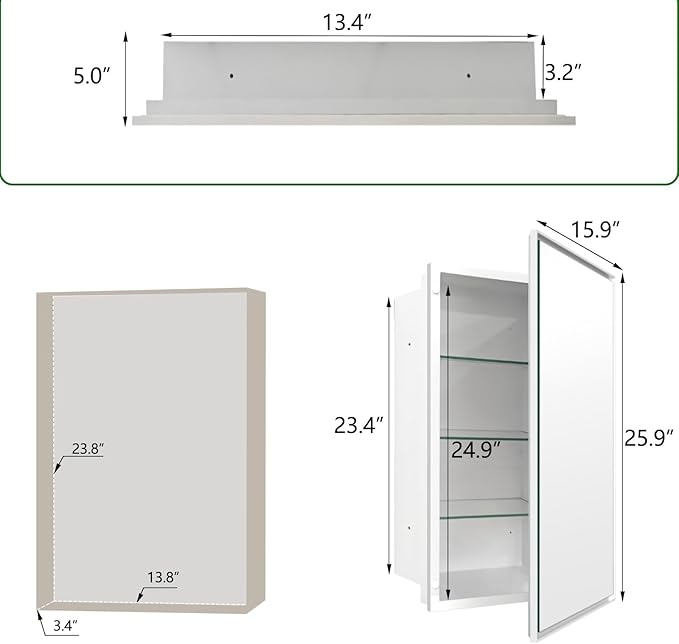 Plastic Medicine Cabinet with Mirror 16x26 inch, Recessed Medicine Cabinet or Surface Wall Mount Bathroom Cabinets with Adjustable Shelves, White Frame Mirror Cabinet