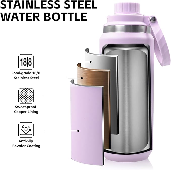 Greylock 20 oz Insulated Water Bottle with Straw Lid, Reusable Stainless Steel Sports Water Bottles with Foldable Handle, Leak Proof, Double-Wall Vacuum Insulation, 24 Hours Cold (Lilac)