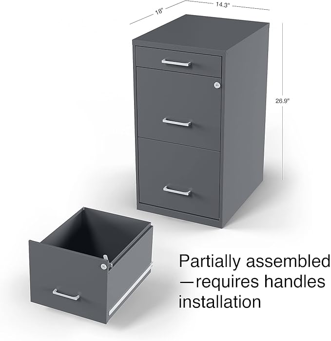 Staples 3-Drawer Vertical File Cabinet, Letter Size Documents, Lockable & Mobile, 18.9" D x 14.3" W x 26.8" H, Charcoal