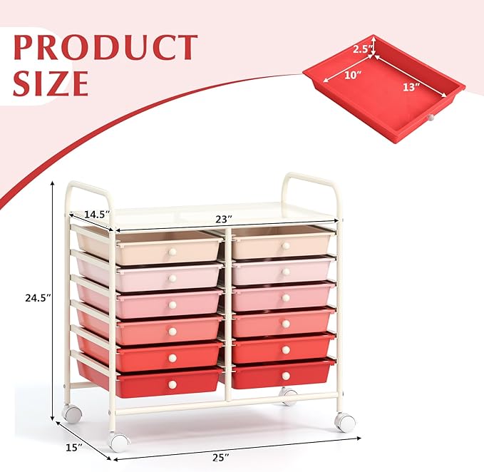 GOFLAME 12-Drawer Rolling Storage Cart, Multifunctional Art Craft Organizer Cart, Mobile Utility Storage Cart with Removable Drawers & Lockable Wheels, Craft Cart for Home Office School, Pink Gradient