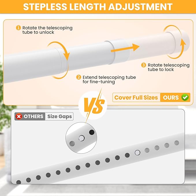 Closet Rods for Hanging Clothes, 17-69 Inch No-Cut Stepless Adjustable Closet Rod, 1.3 Inch Heavy Duty Metal Closet Hanging Rod with Brackets, White Closet Bar for Closet, Laundry Room, RV, Wardrobes