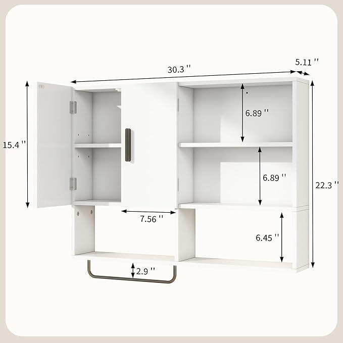 Medicine Cabinet, Wooden Bathroom Wall Cabinet with 2 Doors, Adjustable Shelves & Towel Bar, Over Toilet Storage Cabinet Wall Mounted for Kitchen & Laundry, White