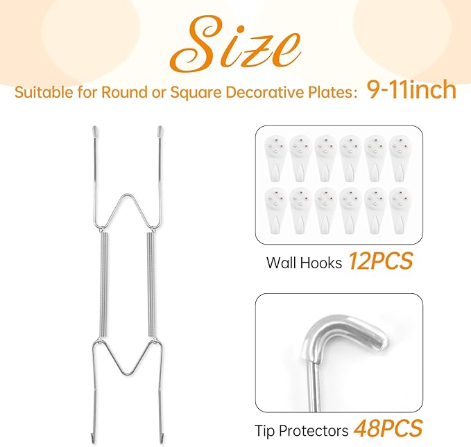 Bilillo 12 Pack Plate Hangers for The Wall, Suitable for 9-11 inch Art Plate, Stainless Steel Invisible Heavy Duty Wire Plate Holder with Wall Hooks, Plate Hangers for Displaying Plates, Silver