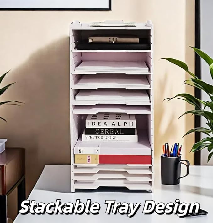 A4 Wooden Desk Letter Tray, Paper Organizer Storage with Adjustable Shelves, Stackable File Sorter for Notes, Pens, File Paper and Desk(Portrait-10tray(with 9 Adjustable Shelves))