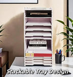 A4 Wooden Desk Letter Tray, Paper Organizer Storage with Adjustable Shelves, Stackable File Sorter for Notes, Pens, File Paper and Desk(Portrait-8tray(with 7 Adjustable Shelves))