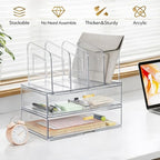 Acrylic Desk Organizer with Drawer, Office Supplies,Organization Storage, 2 PC Drawer Organizer with 4 File Sorter, Desk Organizers and Accessories, Clear Acrylic File Organizer