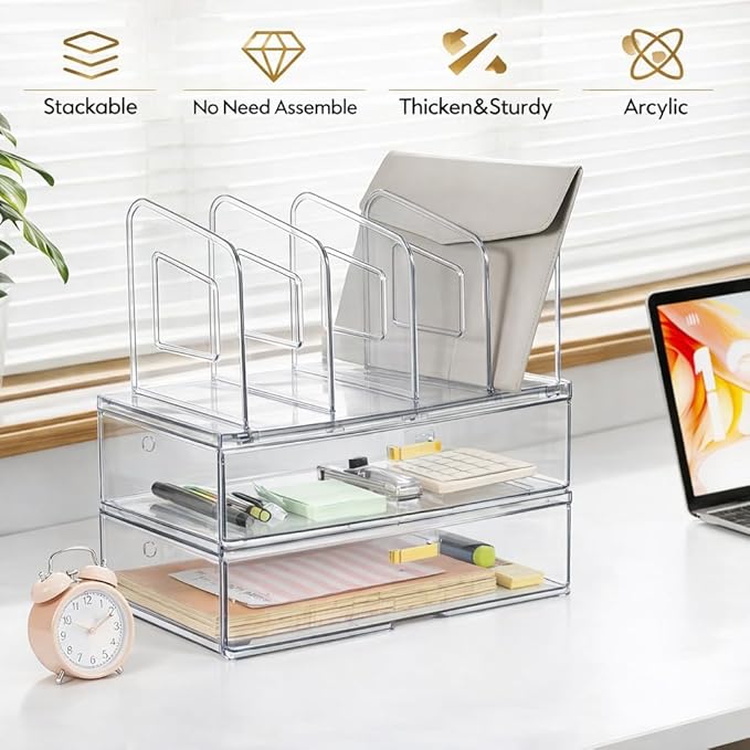 Acrylic Desk Organizer with Drawer, Office Supplies,Organization Storage, 2 PC Drawer Organizer with 4 File Sorter, Desk Organizers and Accessories, Clear Acrylic File Organizer