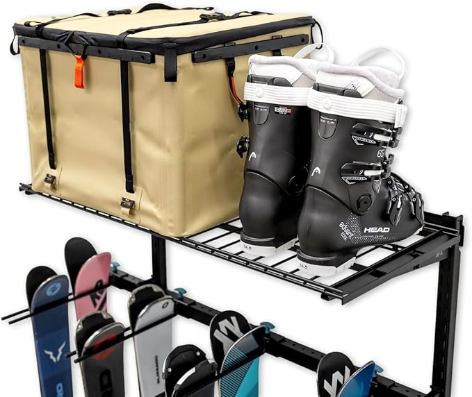 StoreYourBoard Solitude Ski Wired Storage Rack and Shelf, Wall Mount Organizer Holds 10 Pairs of Skis and Accessories, Heavy Duty Supports 300 lbs
