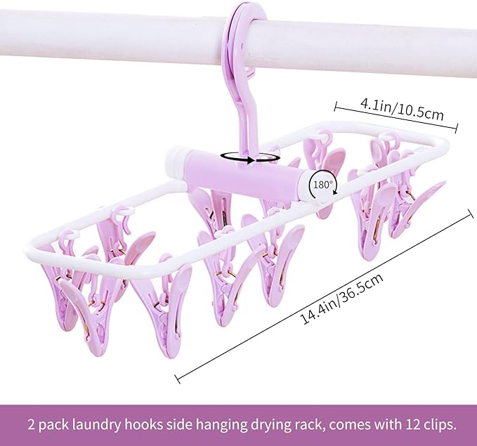 2 Pack Clothes Drying Rack, Laundry Drying Rack with 12 Clips, 360° Rotatable Hook Windproof Sock Hanger, Small Foldable Portable Hangers for Drying Bras Underwear Baby Clothes Gloves