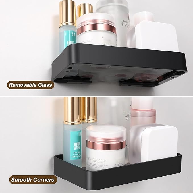 Z metnal Small Glass Bathroom Shelves, Matte Black Floating Shelf, Mini Wall Shelf Organizer, Wall Mounted (Clear Glass, 8 inch/20cm)
