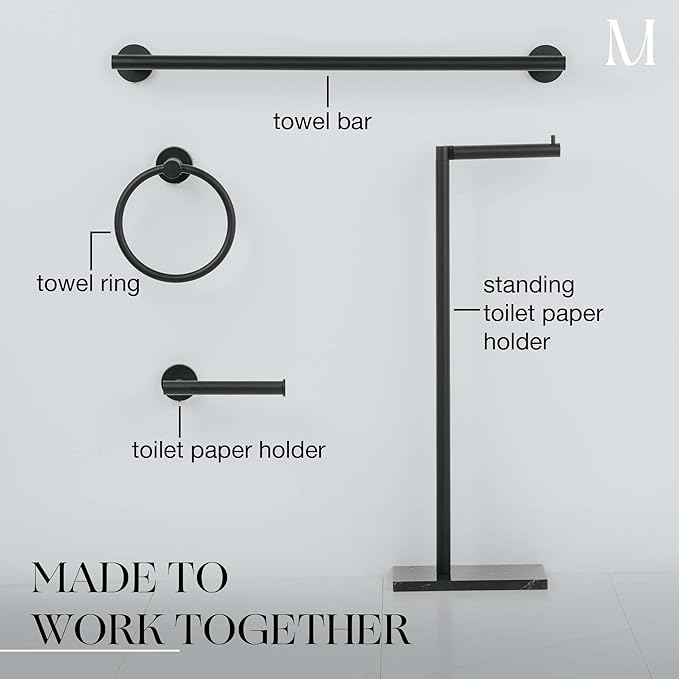 MARMOLUX ACC Free Standing Matte Black Toilet Paper Holder Stand Black Marble Base and Storage - 4 Jumbo Roll Bathroom Hardware Toilet Paper Stand - Stainless Steel Standing Toilet Paper Holder