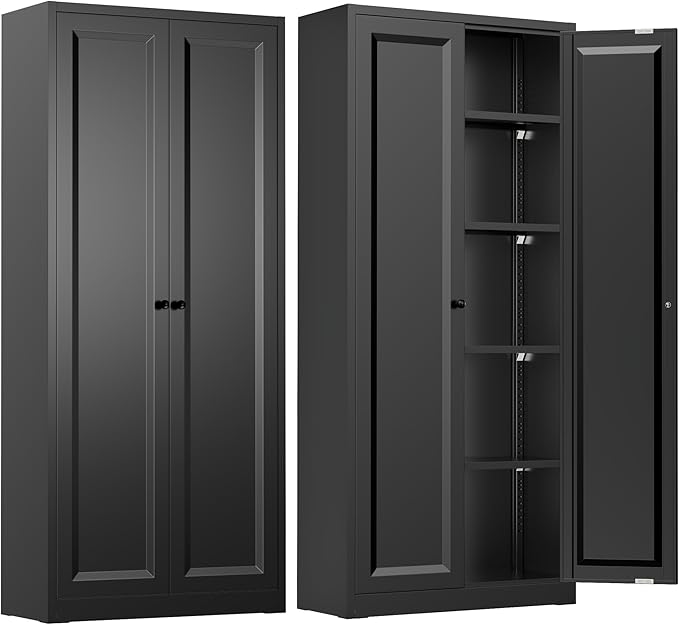 INTERGREAT Metal Storage Cabinet with Magnetic Doors, 63" H Traditional European Style Metal Cabinets with 2 Doors and 4 Adjustable Shelves for Home Office, Kitchen, Bathroom (Black)