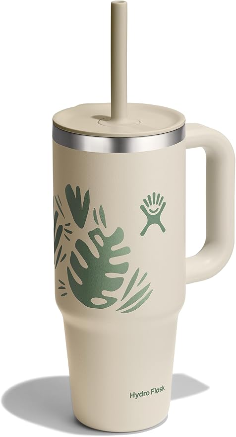 Hydro Flask Travel Tumbler with Handle, Lid and Straw - Insulated Stainless Steel in 24 Oz Botanical Bliss Coconut