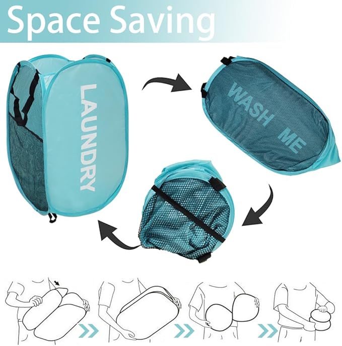 Mesh Pop Up Laundry Hamper with Handles, Collapsible Laundry Basket Side Pocket Dirty Clothes Hamper (Sky Blue)
