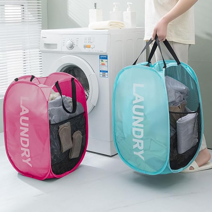 Mesh Popup Laundry Baskets, Collapsible Laundry Hampers, 2 Pack Clothes Hampers Storage Basket for Home, Bathroom, College Dorm, RV Cruise, Travel (Pink + Blue)
