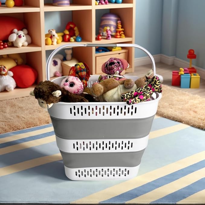 SAMMART 40L (10.5 Gallon) Collapsible Plastic Laundry Basket with Handles - Foldable Pop Up Storage Container/Organizer - Portable Laundry Hamper - Space Saving (2, White/Grey)