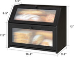 Black Bread Box for Kitchen Counter, Large Bamboo Wood Double Layer Bread Box, Wooden Bread Storage Capacity