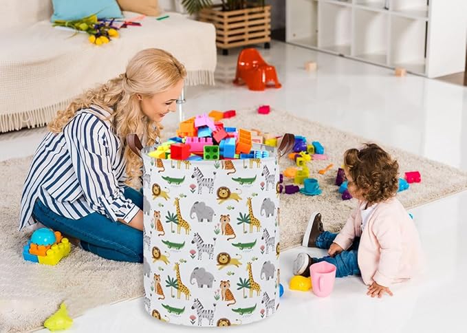 Essme Kids Laundry Basket,Animal Hamper Collapsible Canvas Waterproof Storage Bin for Boys, Cute Hamper,Gift Baskets(Playful Animals)