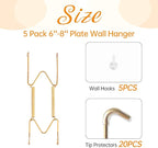 5 Pack Plate Hangers for The Wall, Suitable for 6-8 inch Art Plate, Stainless Steel Invisible Heavy Duty Wire Plate Holder with Wall Hooks, Plate Hangers for Displaying Plates, Platter, Dish, Gold