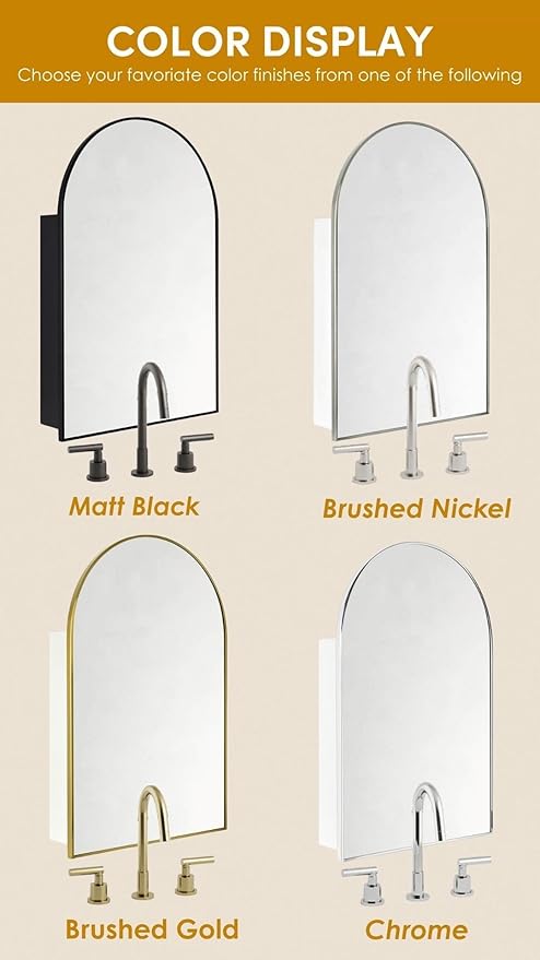 TEHOME 20 x 30'' Polished Nickel Arched Bathroom Medicine Cabinet with Mirror Recessed and Surface Mounted Medicine Cabinet Mirror