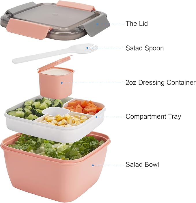 Freshmage Salad Lunch Containers To Go, 2 Pack 52-oz Bowls with 3 Compartments, Dressing Containers for Toppings, Snacks (Blue+Pink)
