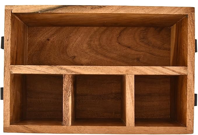 Utensil Holder Acacia Wood 4-Compartment Kitchen Countertop Organizer for Cooking Tools & Flatware with Black Iron Handle (9" X 6" X 4.5")