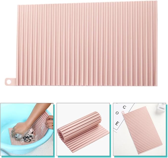 SECFOU Non-Slip Soft Silicone Laundry Washboard, Portable Foldable Household Washing Board for Hand Clothes Cleaning, Pink Small Size for Travel and Home Use